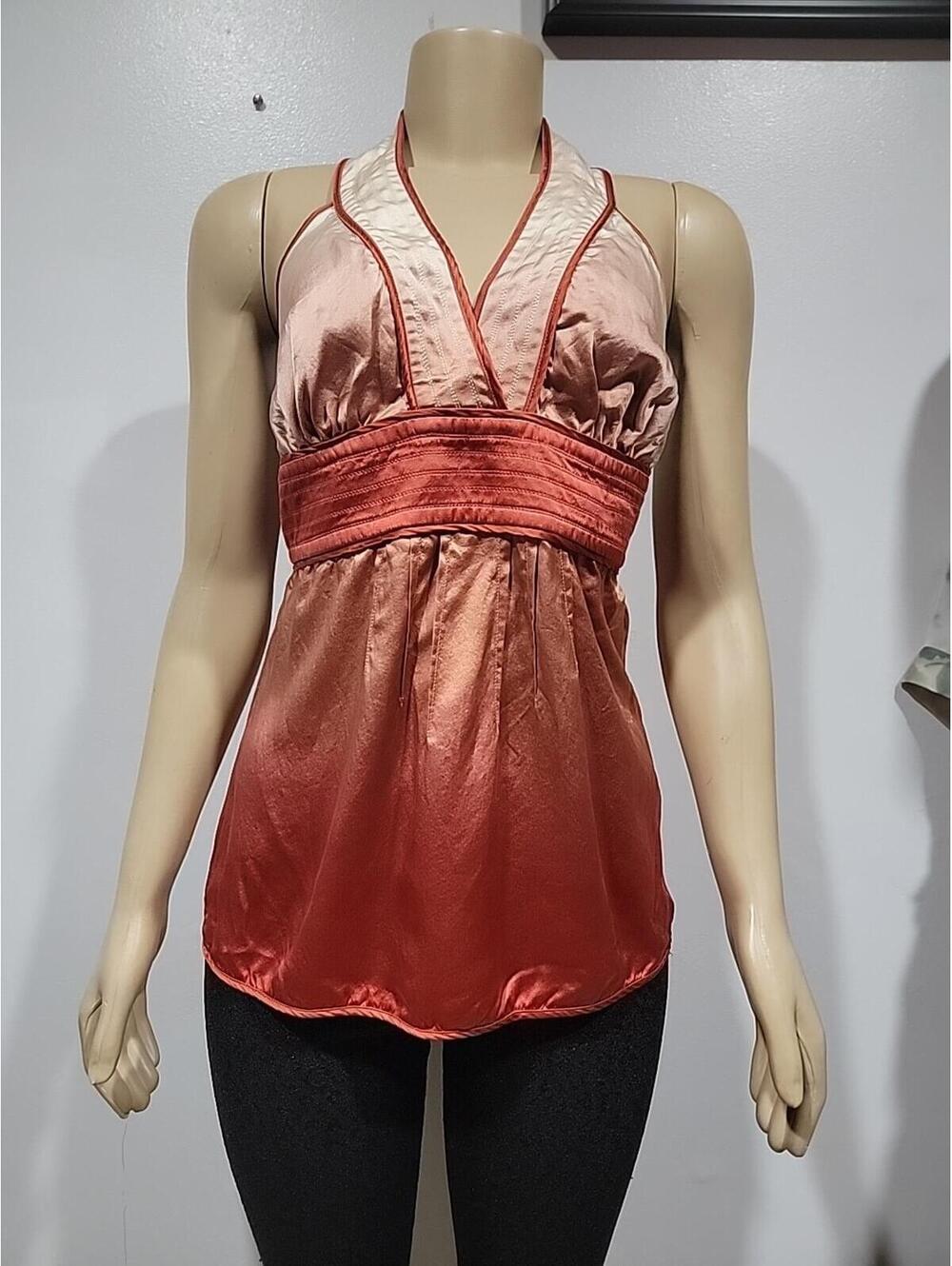 YA-YA 100% Silk Orange Ombre Halter Size L Cinched Satiny Top #1